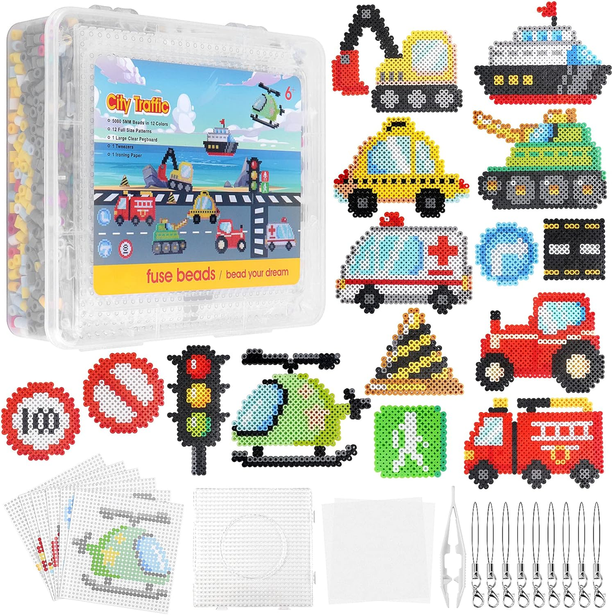 Homgaty Große 10mm Bügelperlen Fahrzeuge Set, 1000 Stück XL Steckperlen mit Platten, 10 Muster und Bügelpapier, 10 Bunte Farben XL Bügelperlen , Kreatives Perlenset für Kinder ab 3 Jahren