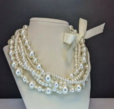 Faux Off White Pearl Multi Layer Necklace With Dotted Bow Fashion Statement
