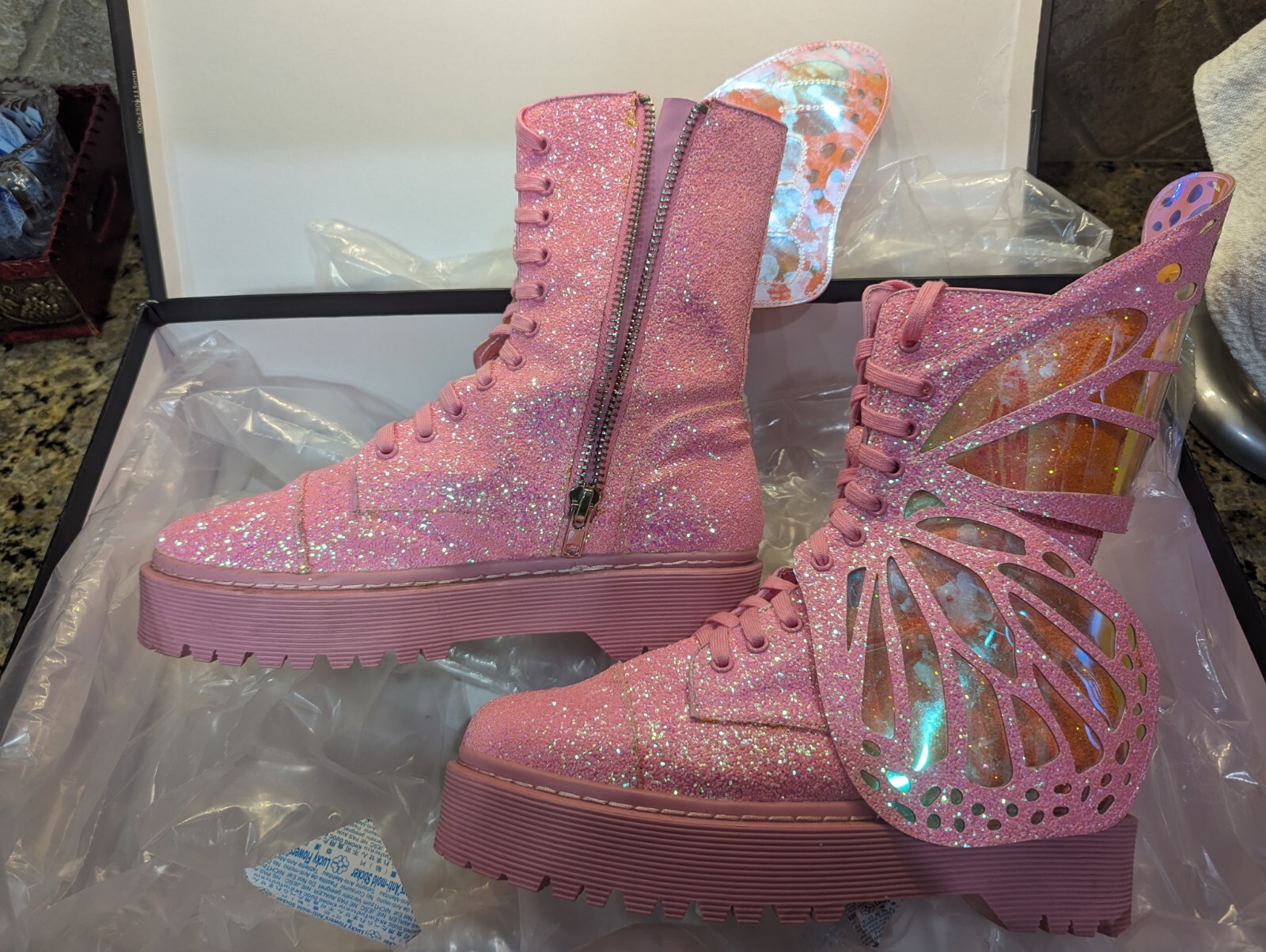club exx Doll Kill bubblegum metamorphic boots Size 11 Gem