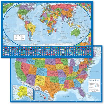 2 Pack - Laminated World Map Poster & USA Set - 18  x 29 , LAMINATED 
