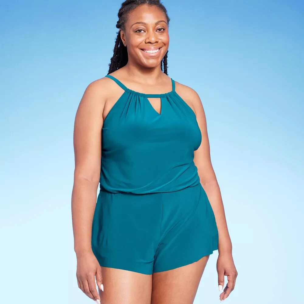 Aqua Green Women's Swim Romper w/ Pockets One Piece Swimsuit Green Size