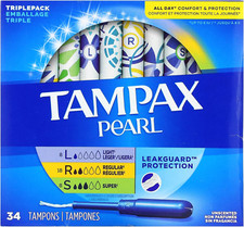 Image of Tampax Pearl Tampons, Light/Regular/Super Absorbency w/ LeakGuard Braid 34 count