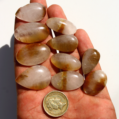 10 Pcs Natural Cacoxenite Rutilated Quartz 24.4mm-32mm Cabochon Loose Gemstones - Picture 12 of 17