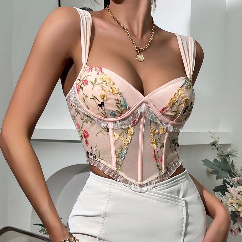 Women Embroidery Lace Bustier Crop Tops Sexy Party Boned