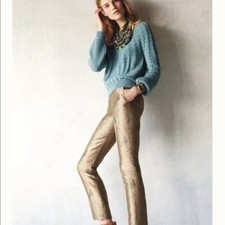 Elevenses Anthropologie Womens Gilded Jacquard Crop Pants Gold Floral Silk Blend