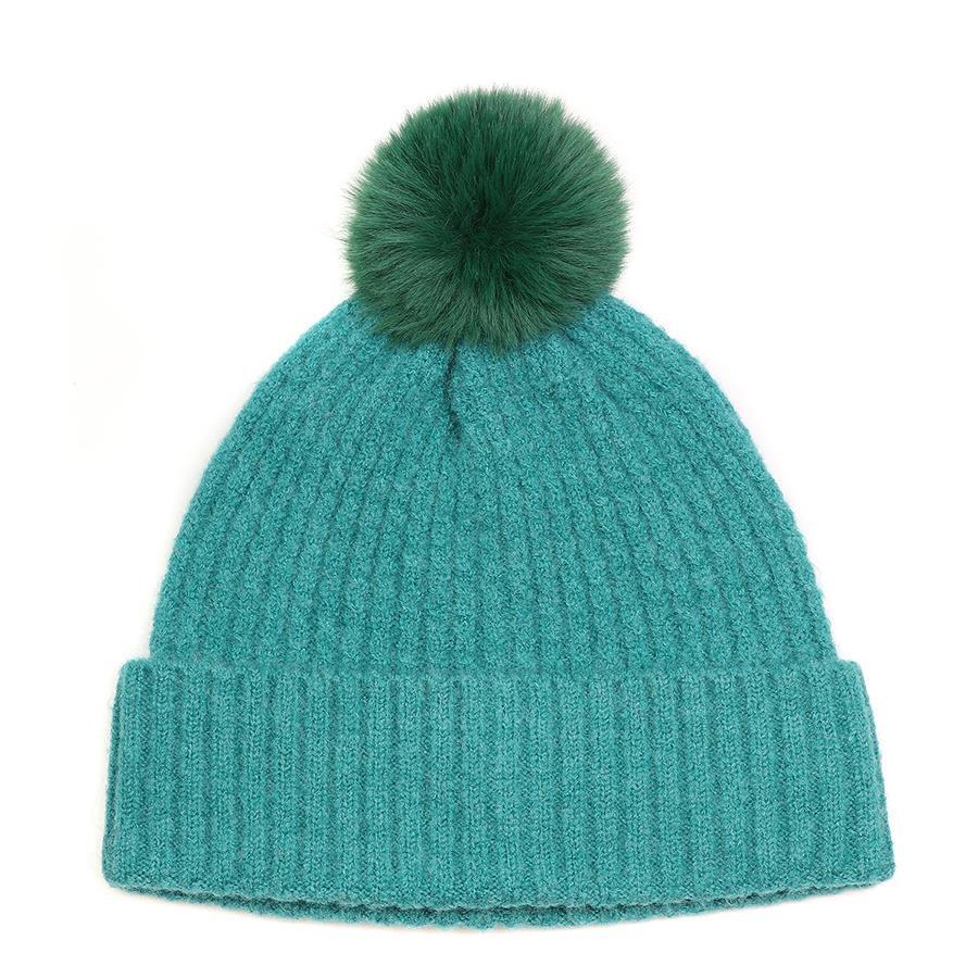 Womens Bobble Hat Ladies Winter Classic Plain Teal Green Blue Warm Pom Pom