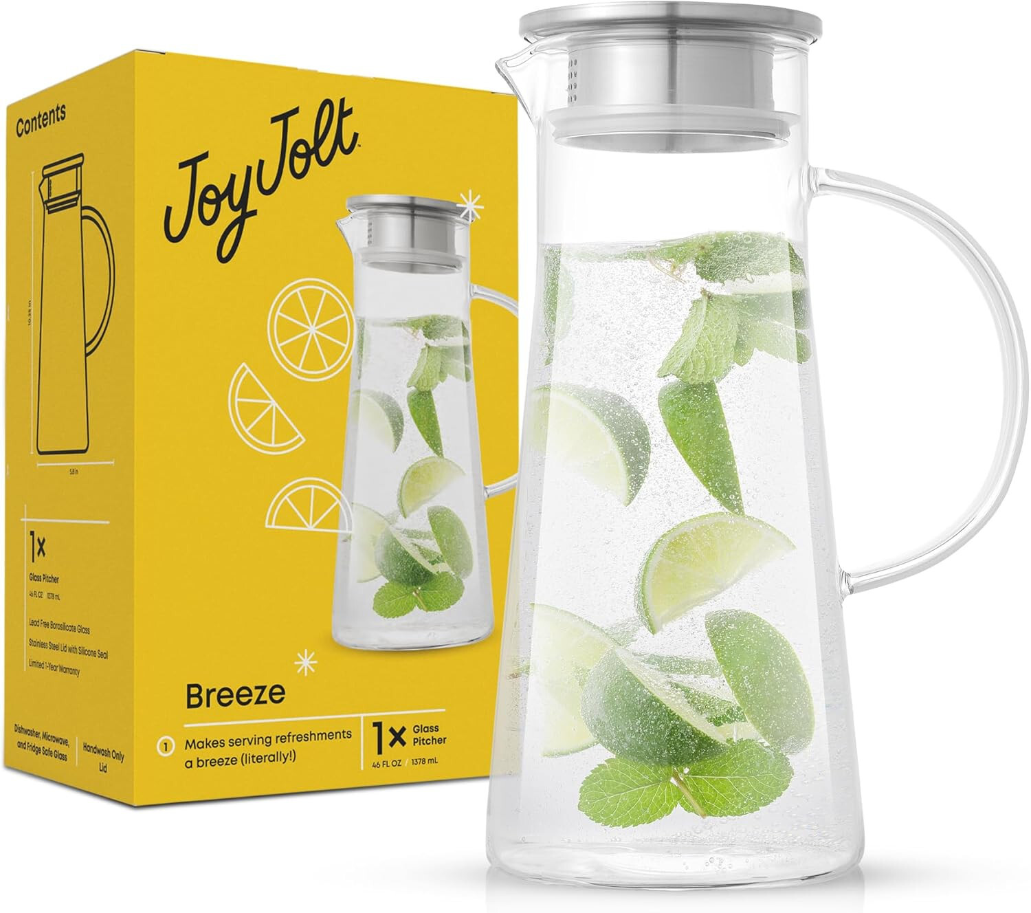 Стеклянный кувшин для воды JoyJolt Breeze с крышкой (заливка / фильтр) объемом 50 унций