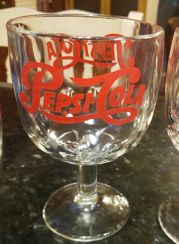 批量 4 件 玻璃 百事可乐 红色 Stemmed Mugs 高脚杯 THUMB PRINT 近乎完好 PEPSI — 第 3/4 张图片