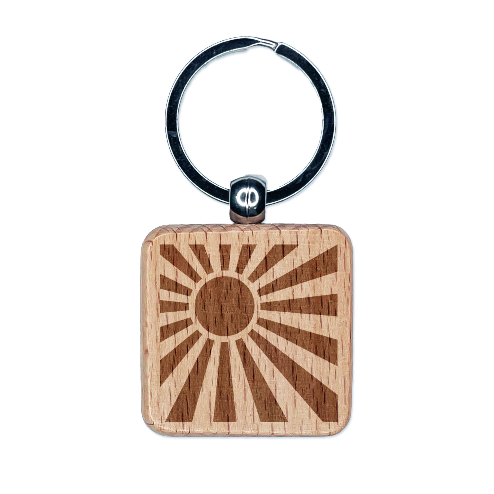 Shining Sun Rays Engraved Wood Square Keychain Tag Charm