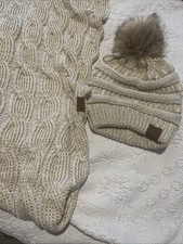 C.C Cream Gold Cable Knit Beanie With Faux Fur PomPom Infinity Scarf New W/O Tag