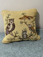 Vintage Owl Needlepoint Pillow 17x16 Handmade...