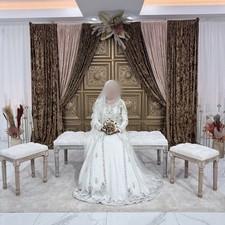 Ivory A-Line Long Sleeve Round Neck Tulle Wedding Dress Beaded Sequin