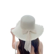 Women Foldable UV Protection Bowknot Wide Brim Floppy Beach Sun One Size White