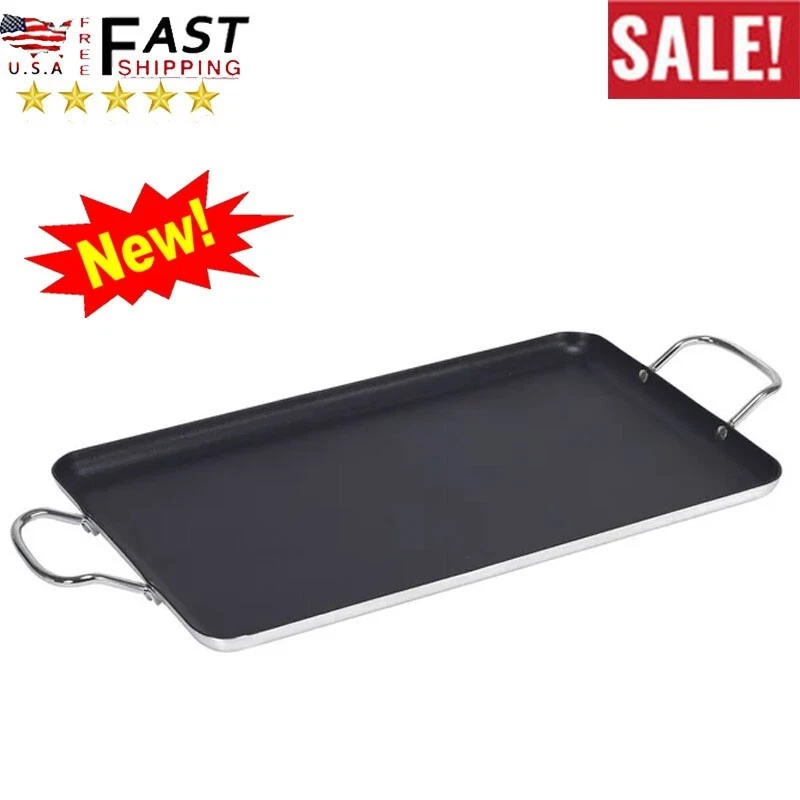 20" x 12" Nonstick Double Burner Griddle w/Metal Handles for Kitchen Black US