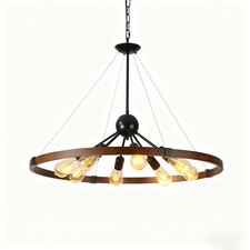 32" Farmhouse Wood Pendant Light Black Hanging Lamp 8 Lights Chandelier Fixture
