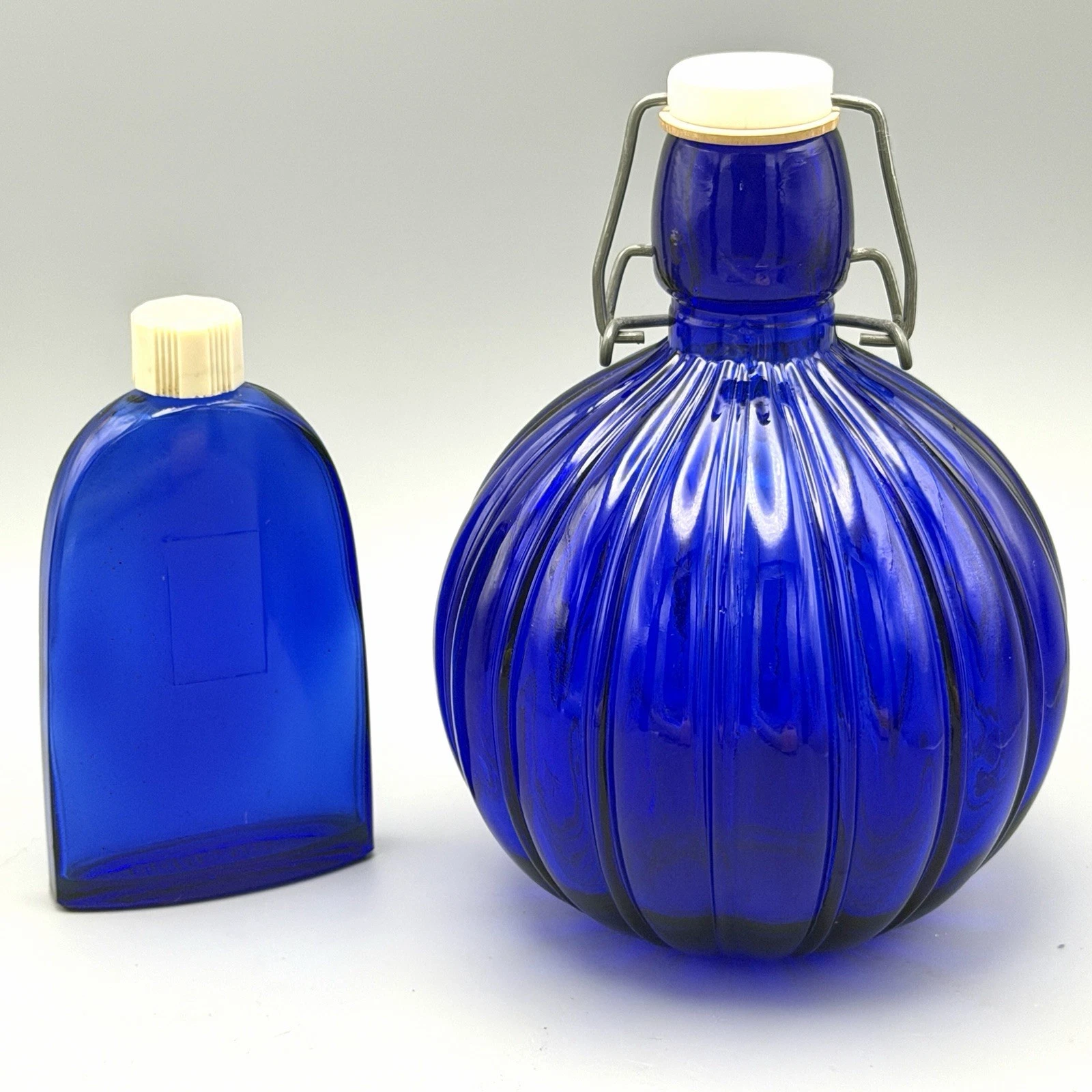 VTG Cobalt Blue Glass Round Ribbed Sealed Bottle Jar 8" + Bourjois Cobalt Bottle