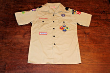 Boy Scouts of America BSA Youth Shirt Tan Large Sewn Patches Short Sleeve