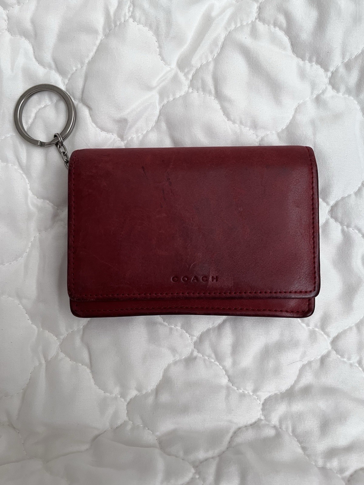 Coach red wallet with key ring, button accent, folding, solid pattern, women