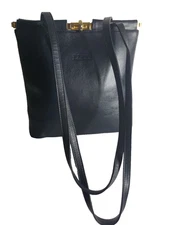 Giudi Italy Black Leather Shoulder Bag Gold Frame Clasp Crossbody Purse Vintage