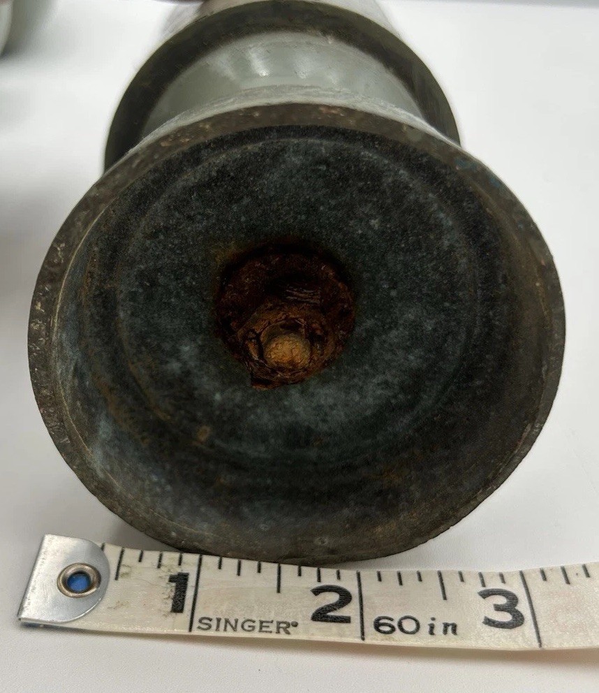 Antique Cast Iron Fence Finials Pair Green Paint Decor 18in x 4in 22in x 3in VTG