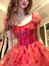 Sweet Floral Fairy Short Party Dress Female Elegant French Red  Mini Dress 2023 