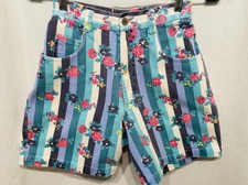 Vtg 80s BRANDON Denim High Waisted Jean Shorts Navy Green Stripes FLOWERS XS S