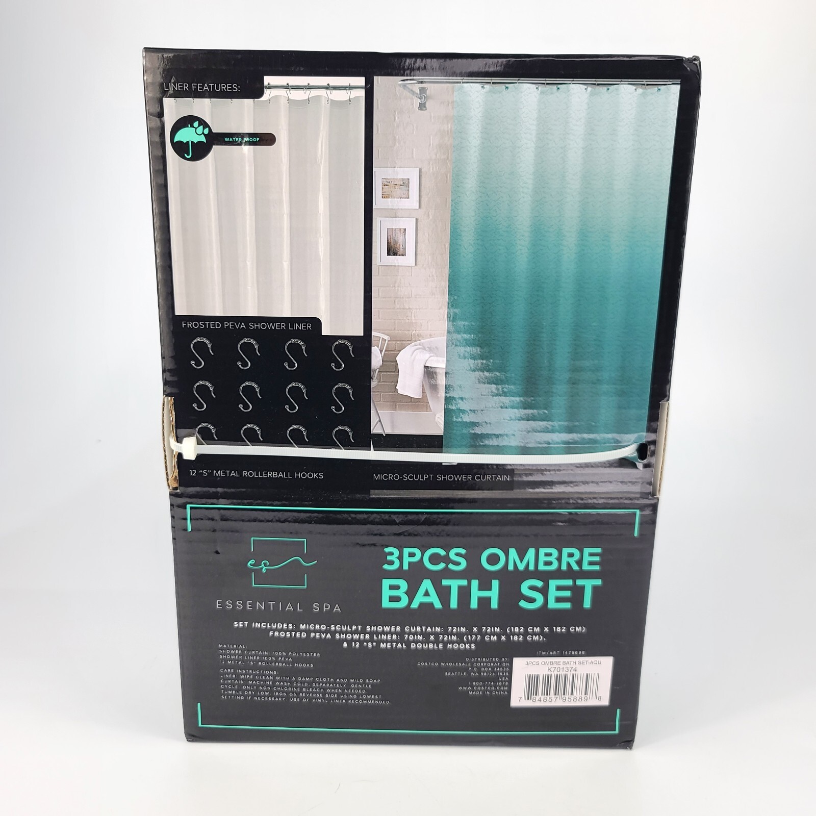ESSENTIAL SPA 3 Piece OMBRE Bath Set Shower Curtain Liner & 12 Metal ...