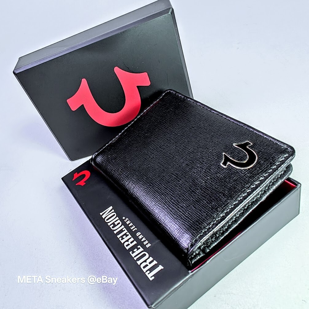 True Religion RFID Leather Bifold Wallet   Black Gold Horseshoe  Slim Front New thumbnail 6