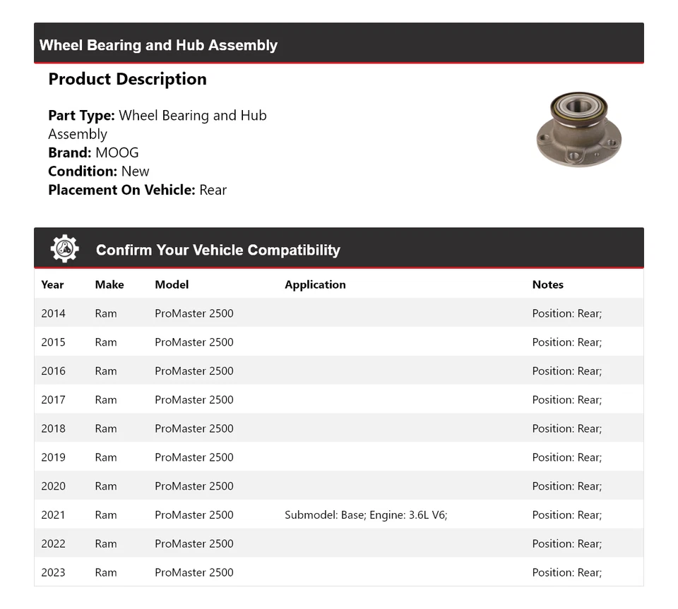 For 2014-2023 Ram ProMaster 2500 Wheel Bearing and Hub Assembly Rear MOOG 2014 - Image 2 of 4