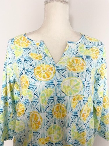 Lands' End Womens Top Blouse Size S (6-8) Blue Yellow V Neck 3/4 Sleeve Textured - Picture 5 of 12