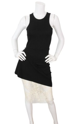 Michelle Mason Dress Black Jersey Contrast Lace Hem Racerback Peplum NWT P Small