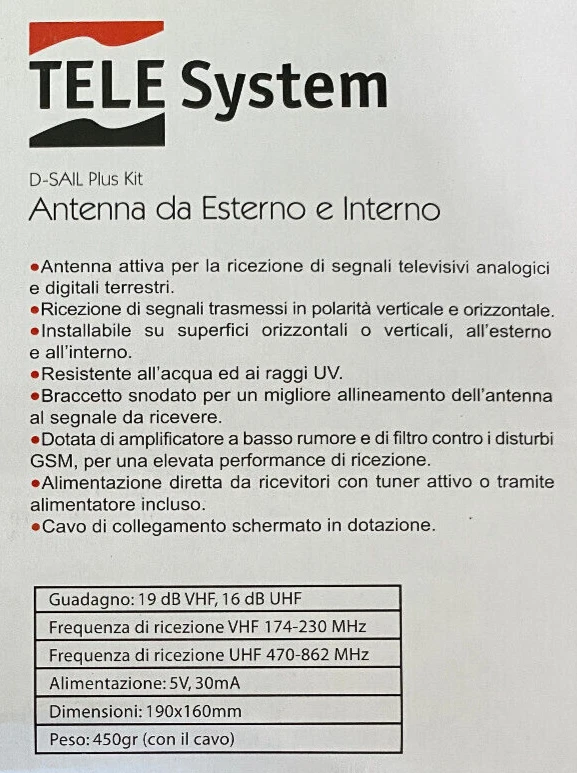 Antenna TV Attiva TELE System D-Sail plus Kit sia da interno che da esterno - Immagine 2 di 4
