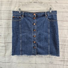Gap Womens Denim Skirt Sz 33 Blue Button Front Cotton Blend Raw Hem