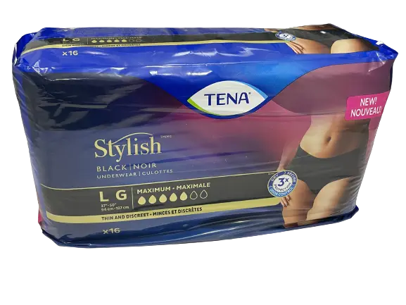 16 Pairs of Tena Stylish Black Underwear Women Adult Diapers Large 37”-50”