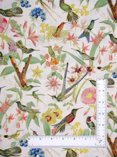 Hummingbird Heaven Fabric Flowers Birds Gold Cotton Elizabeths Studio By Yard
