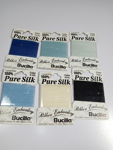 Bucilla Pure Silk Ribbon 4mm-Lot of 6-Each 3Yards-Blues/Off White/Black