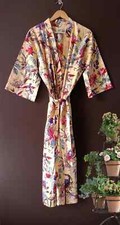 Indian Handmade 100 Cotton Bird Printed Bath Robe Dressing Gown Long Kimono