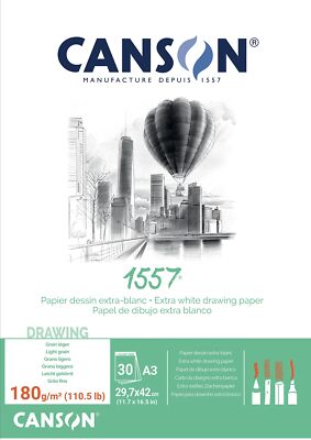 1557 Extra White 120gsm A3 Sketch Paper Light Grain 30 Sheets Ideal for Profe...