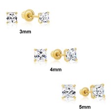 10K Yellow Gold Basket Set 3mm-8mm Square CZ Screwback Stud Earrings