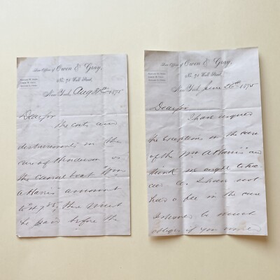 Lot of 2 1875 Letters Owen & Gray Wall Street Lawyers NYC to John C. Harris