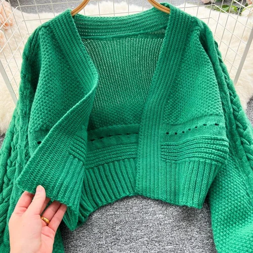 Lady Knitted Cardigan Top Coat Puff Sleeve Crop Winter Cute Casual Sweater Sweet - Imagen 10 de 19