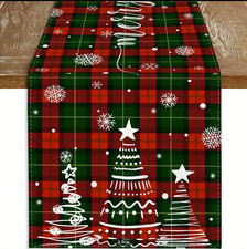 Linen Christmas Table Runner Woven Linen Table Decor w/Red  Green Buffalo Plaid
