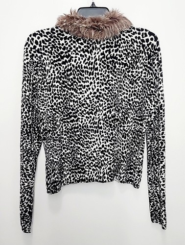 Willi Smith Leopard Print Angora Fur Trim Cardigan Sweater Black White Womens XL - Picture 4 of 8