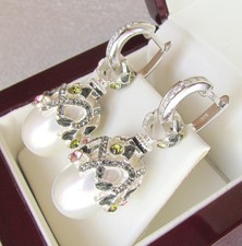 OFFERTA! ORECCHINI PERLE BIANCHE ARGENTO STERLING 925 con SMALTO e SWAROVSKY