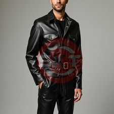 MEN'S GENUINE BLACK LEATHER CATSUIT FRONT FLAP POCKET OVERALL BODYSUIT JUMPSUIT