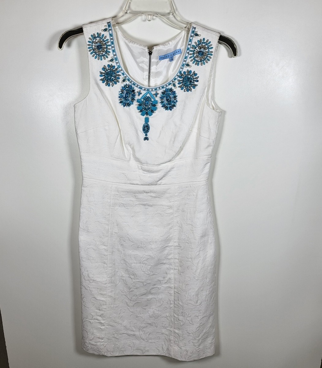 Antonio Melani White Turquoise Beaded textured Zip back Dress Size 2 Sleeveless