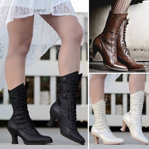 NEW Victorian Gothic Womens Mid-Calf Boots Steampunk Kitten Heel Lace Up Shoes - Picture 3 of 28