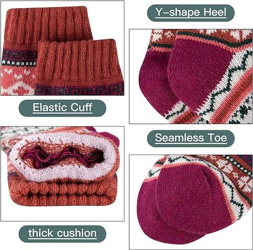5 Pairs Women Wool Merino Warm Thermal Lambs Crew Heavy Boot Design Socks Winter - Picture 11 of 12