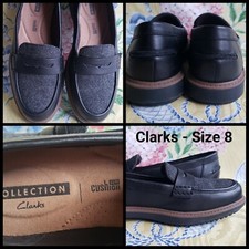 COLLECTION CLARKS - Womens Loafers - Black Leather  Tweed - Cushion Soft - EUC