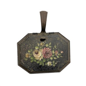 Vintage Hand Painted Metal Dustpan Floral Roses Octagon Handle Tray Collectible